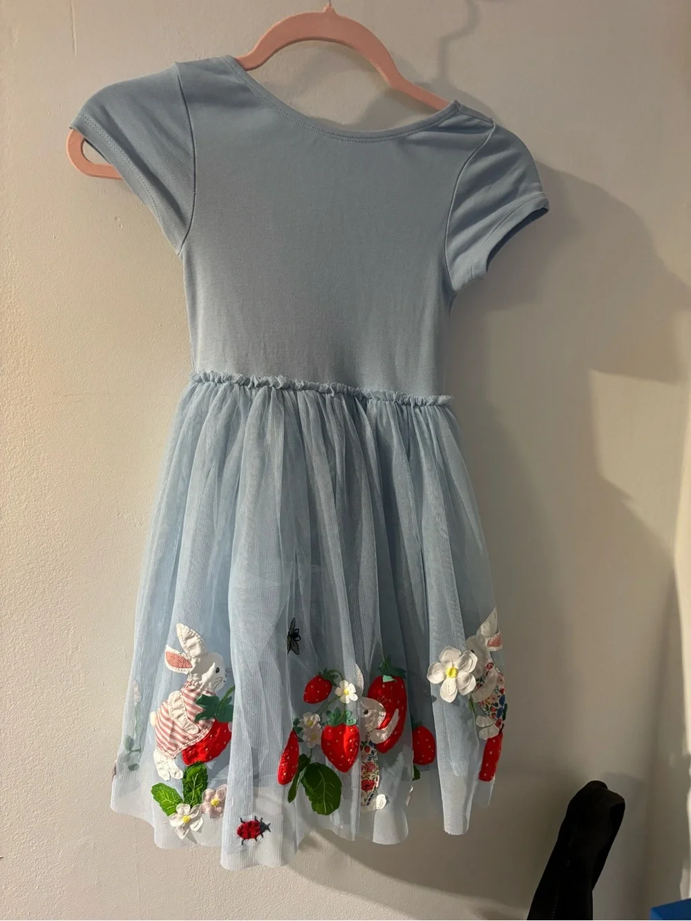 Mini Boden Light Blue Bunny & Strawberry Tulle Dress 8-9Y